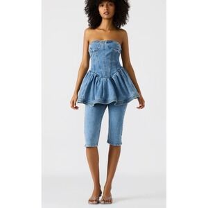 N. 1LA Women's S Denim Strapless Peplum Y2K Grunge Zip 70's Core Hippie